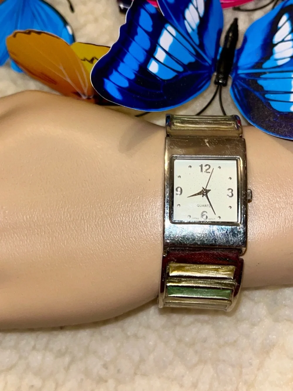 Silver Tone Women's Square Dial Watch with Blue Butterfly Accent